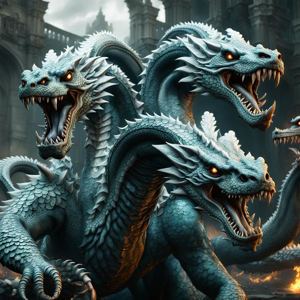 Detailed Four-Headed Hydra Roaring at Knight