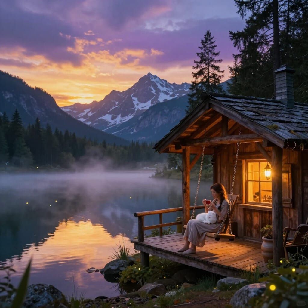 Misty Mountain Cabin at Sunset with Woman and Cat