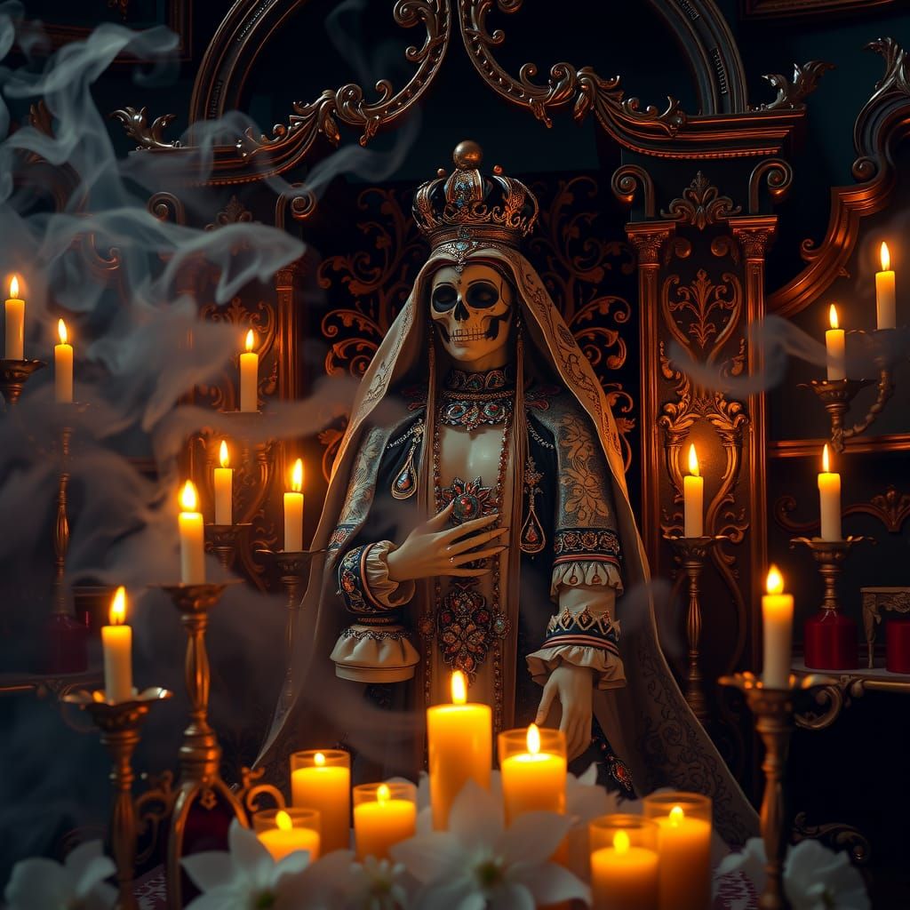 Ornate Santa Muerte Amidst Mystical Altar