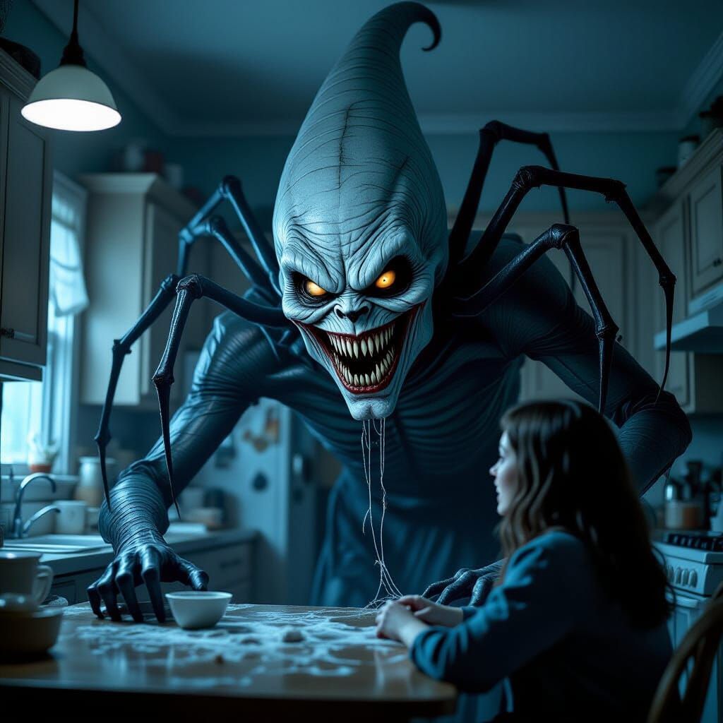 Grotesque Monster Hallucination in Dim Kitchen