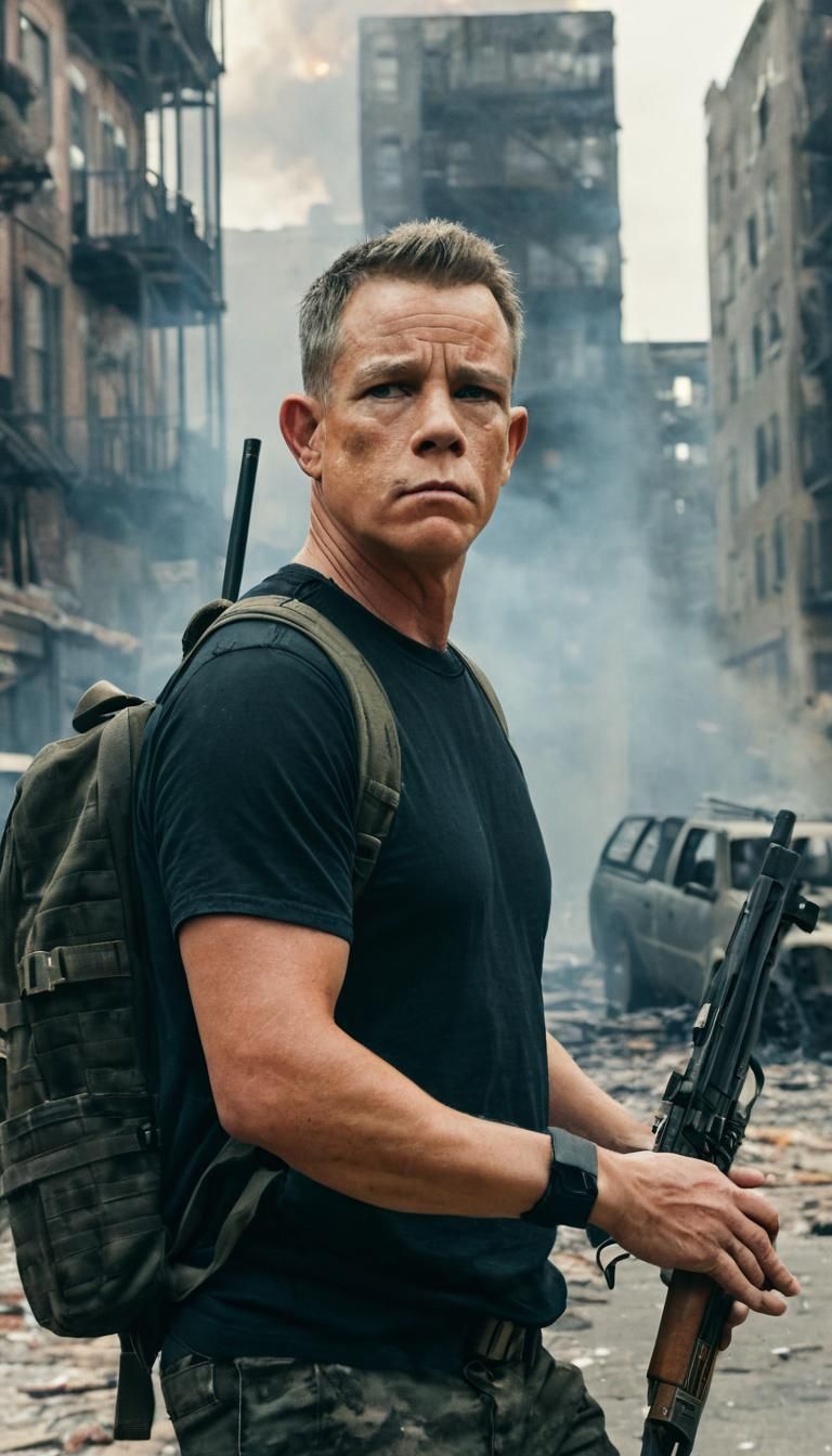 Dystopian Cityscape: Man with Rifle in Ruins