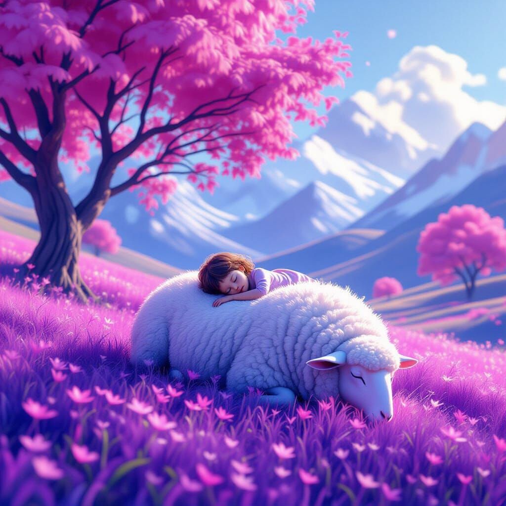 Fantastical Landscape with Blue Sheep and Sleeping Child