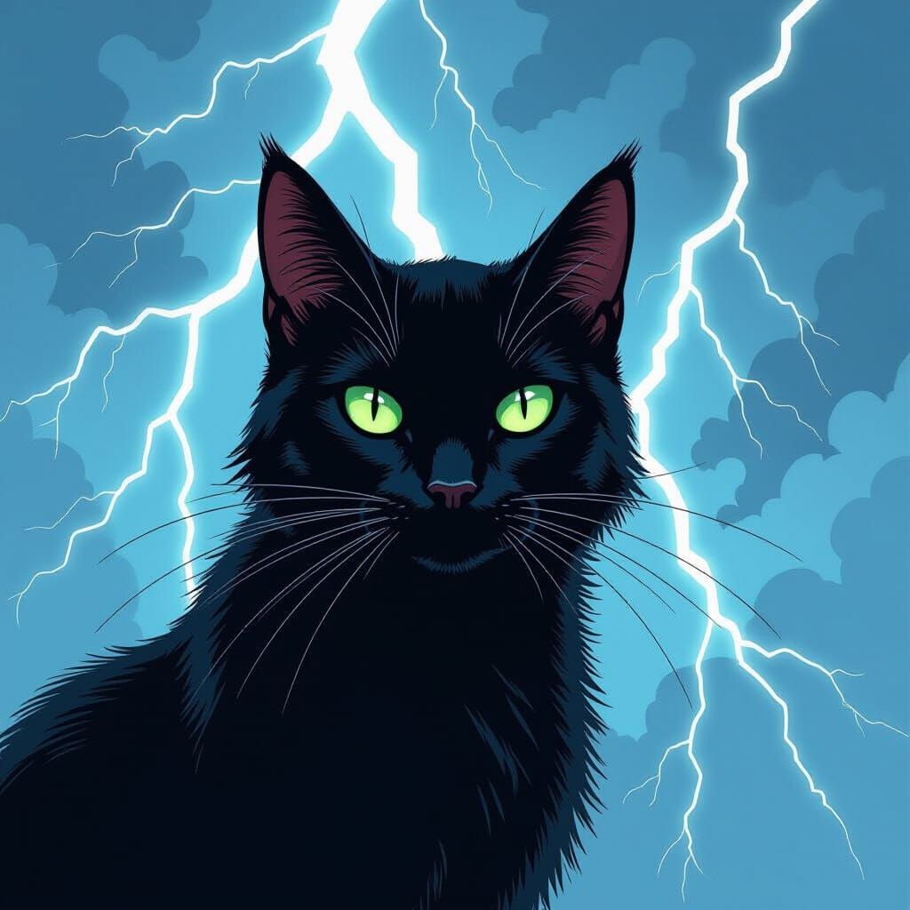 Black Cat Amidst Lightning Strikes in Graphic Novel Style