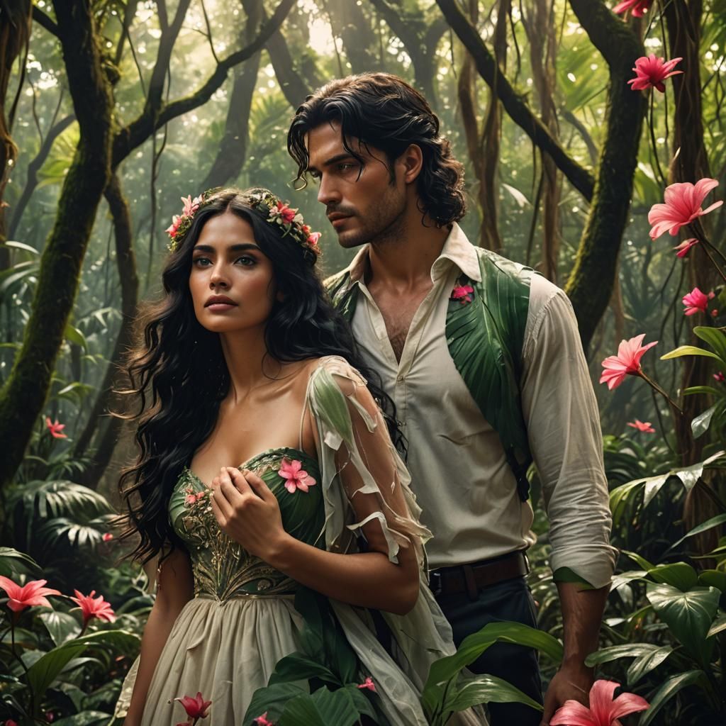 Romantic Couple in Tropical Forest: Fantasy Book Cover