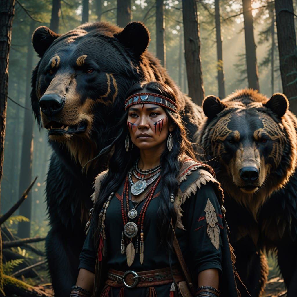Native American Warrior Woman Walks with Majestic Bear in Fo...