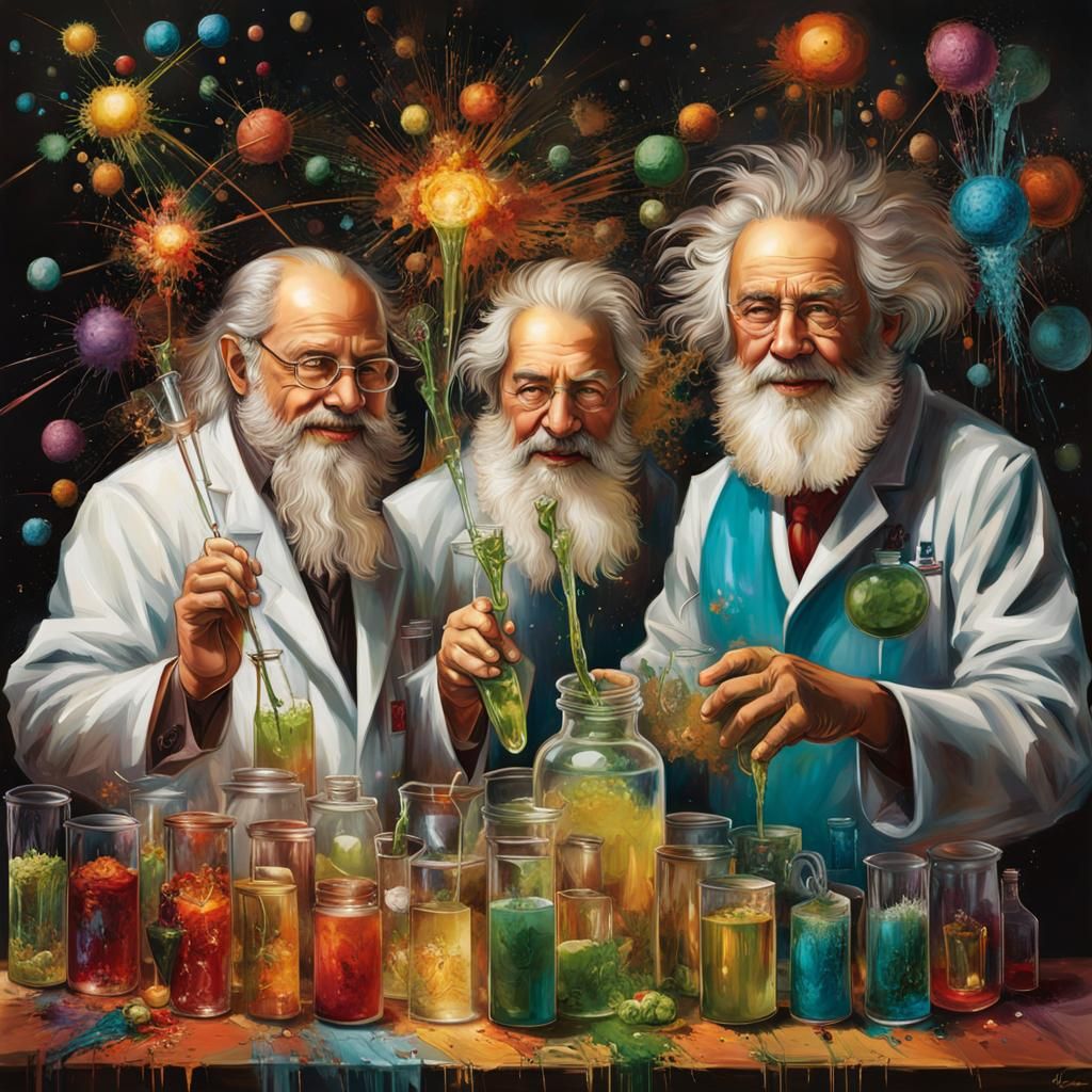 Mad Scientists' Laughter: Hyperdetailed Oil Painting