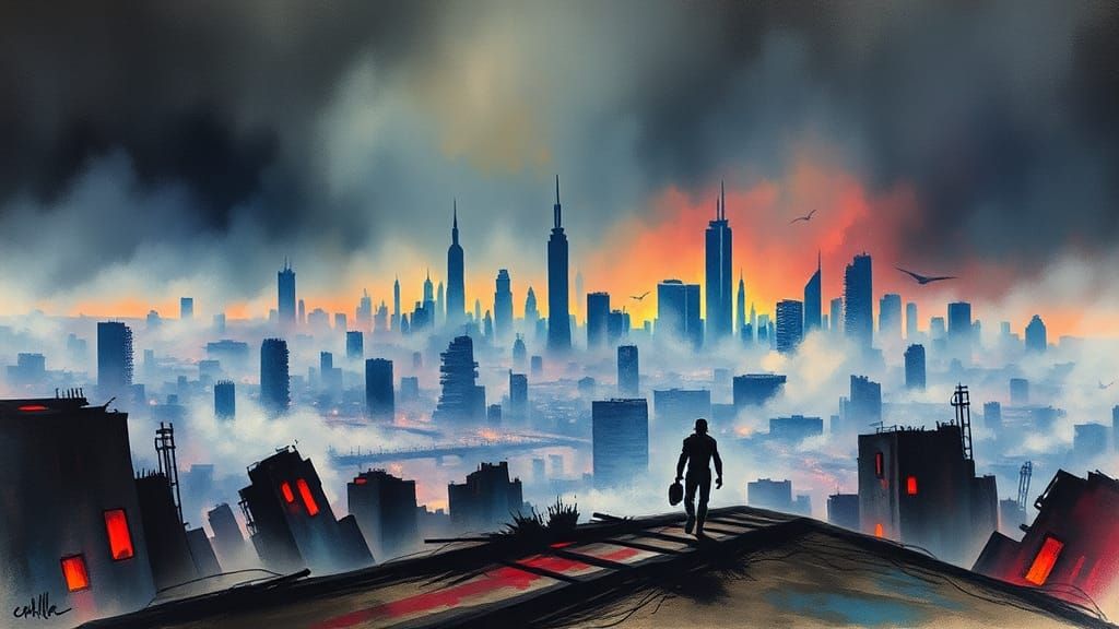 Dystopian Cityscape in Hyperdetailed Watercolor Style