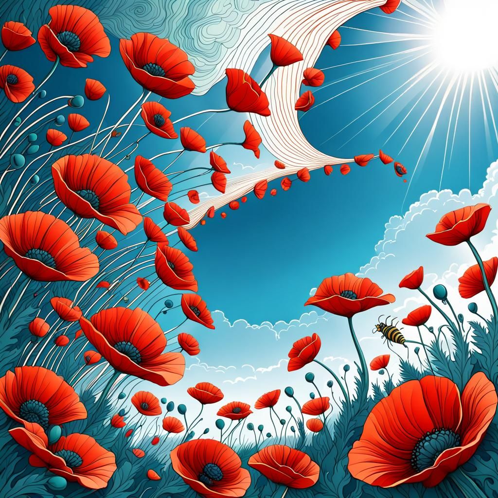 Poppy Field with Bee in Abstract Vector Style