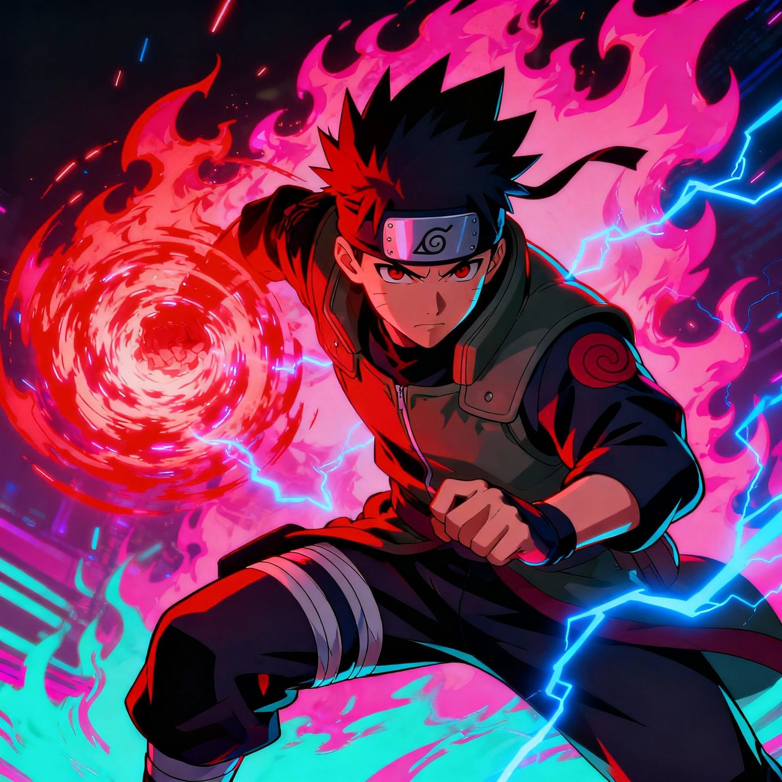 Anime Ninja Unleashes Red Chakra in Synthwave Neon Style