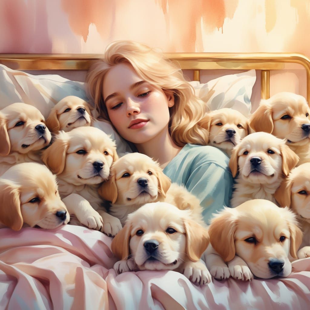 Golden-Haired Woman Surrounded by Puppies in Watercolor