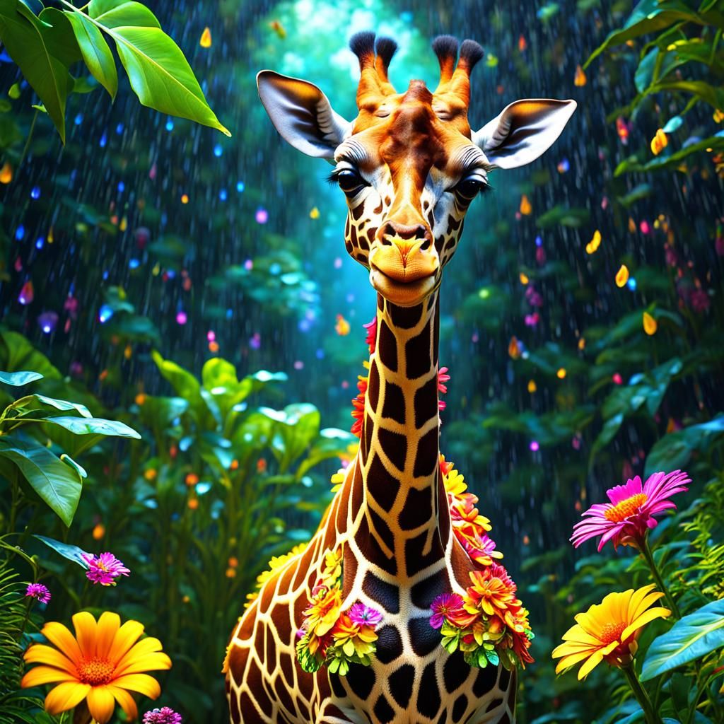 Floral Giraffe in Rainforest: 3D Hyper-Realistic Photograph