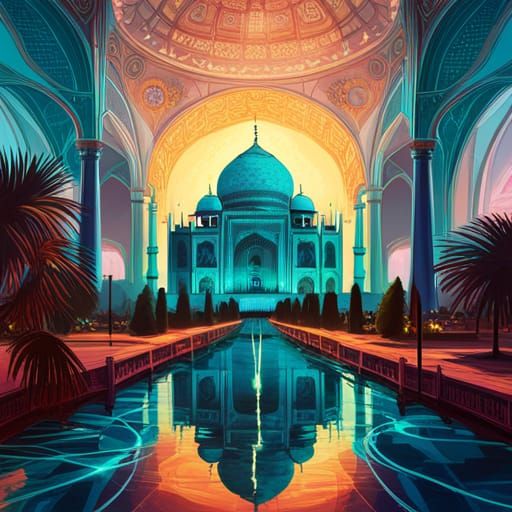 Bioluminescent Taj Mahal Digital Painting with Golden Outlin...