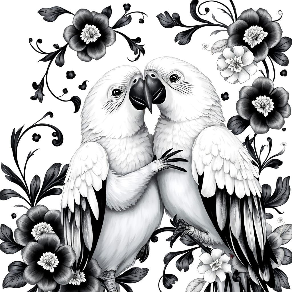 Adorable Black and White Parrots in Floral Pattern on White ...