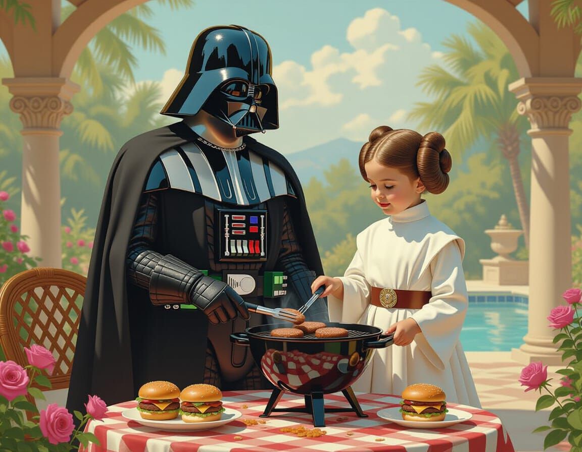 Darth Vader and Princess Leia Grill Hamburgers, Retro Illust...