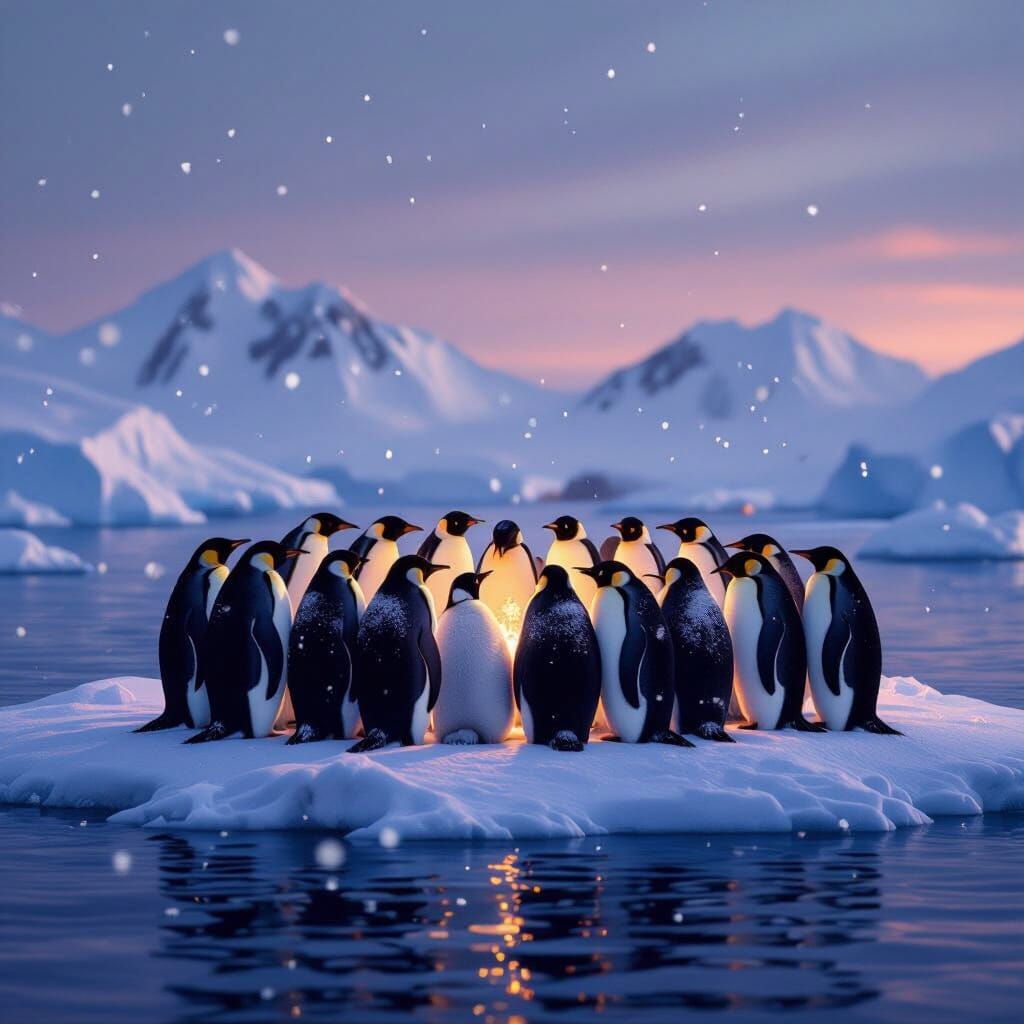 Emperor Penguins Huddled in Arctic Twilight