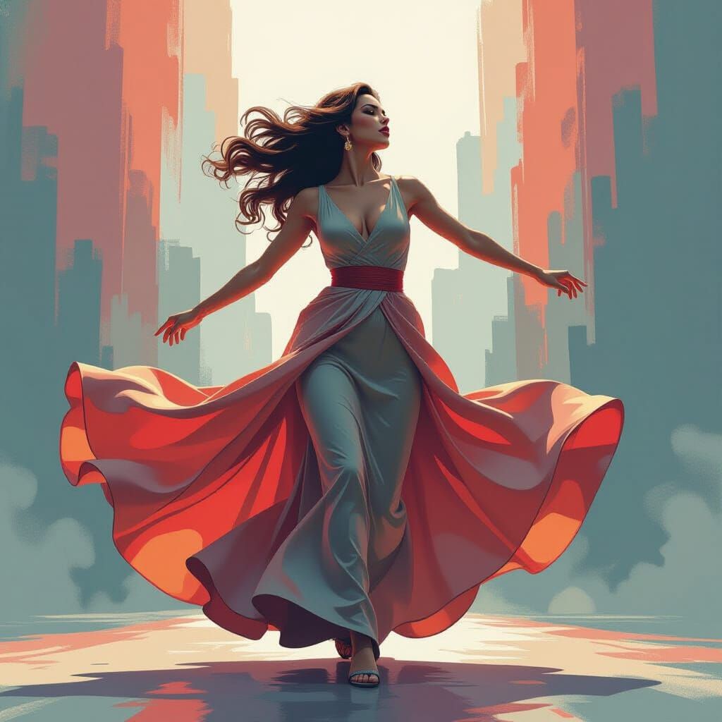 Dynamic Woman in Flowing Dress: Futuristic Art