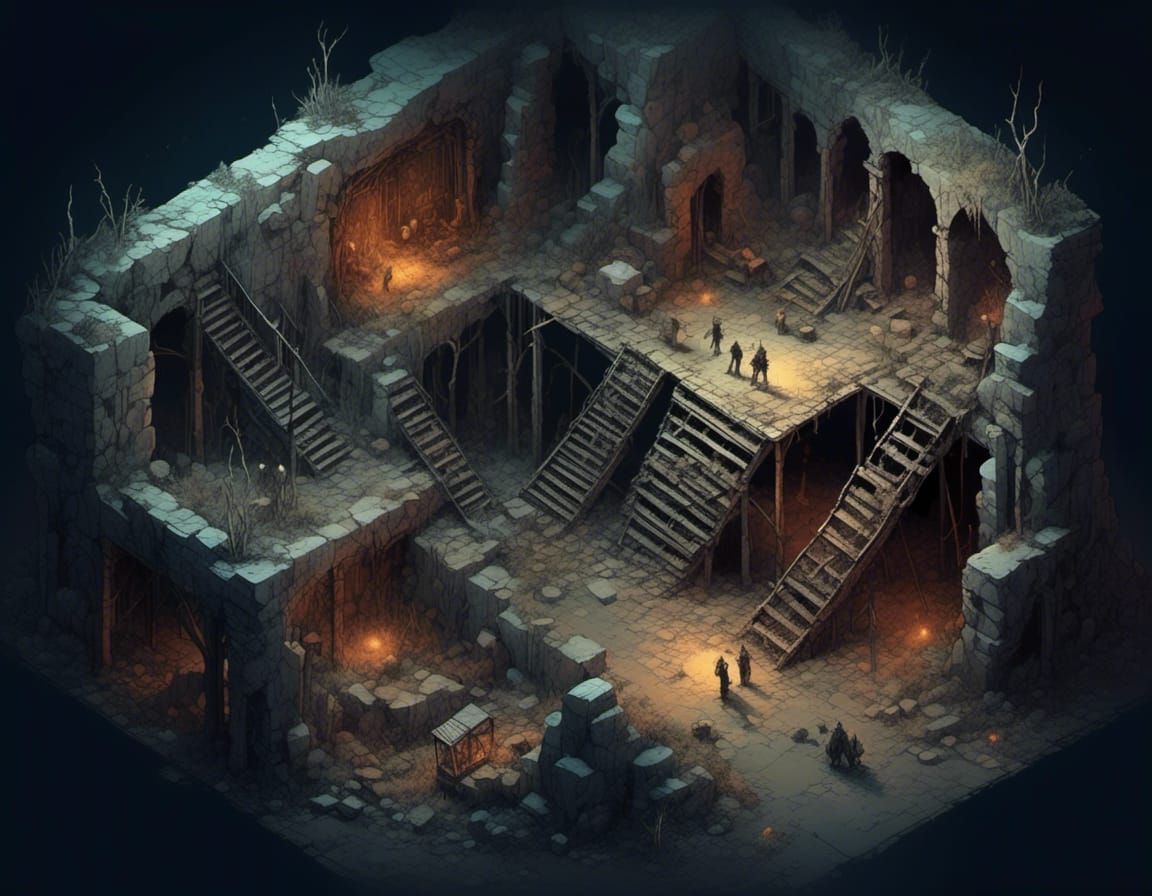 Isometric Dark Dungeon View: Trashpunk Post Apocalypse