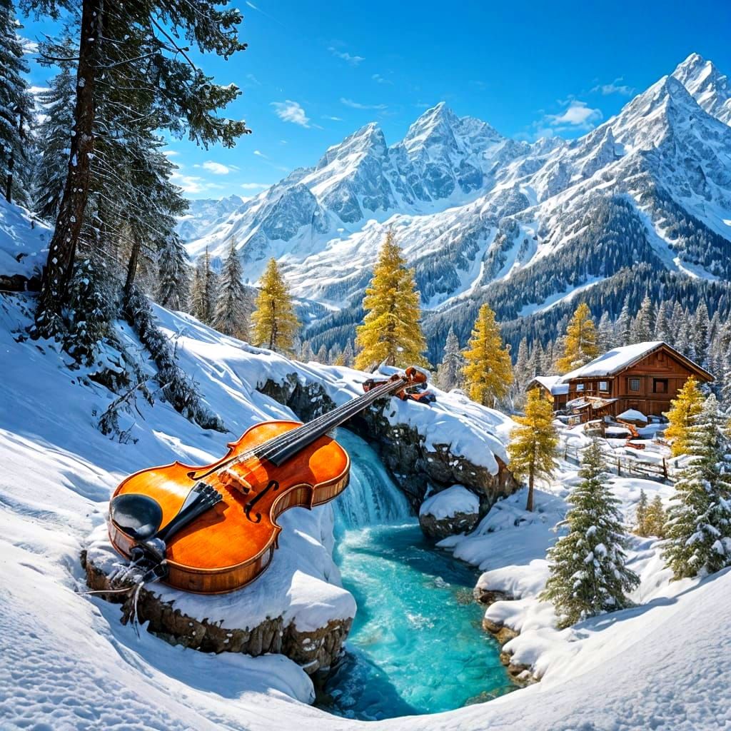 Giant Violin in Snowy Alps with Glowing Trees and Bears