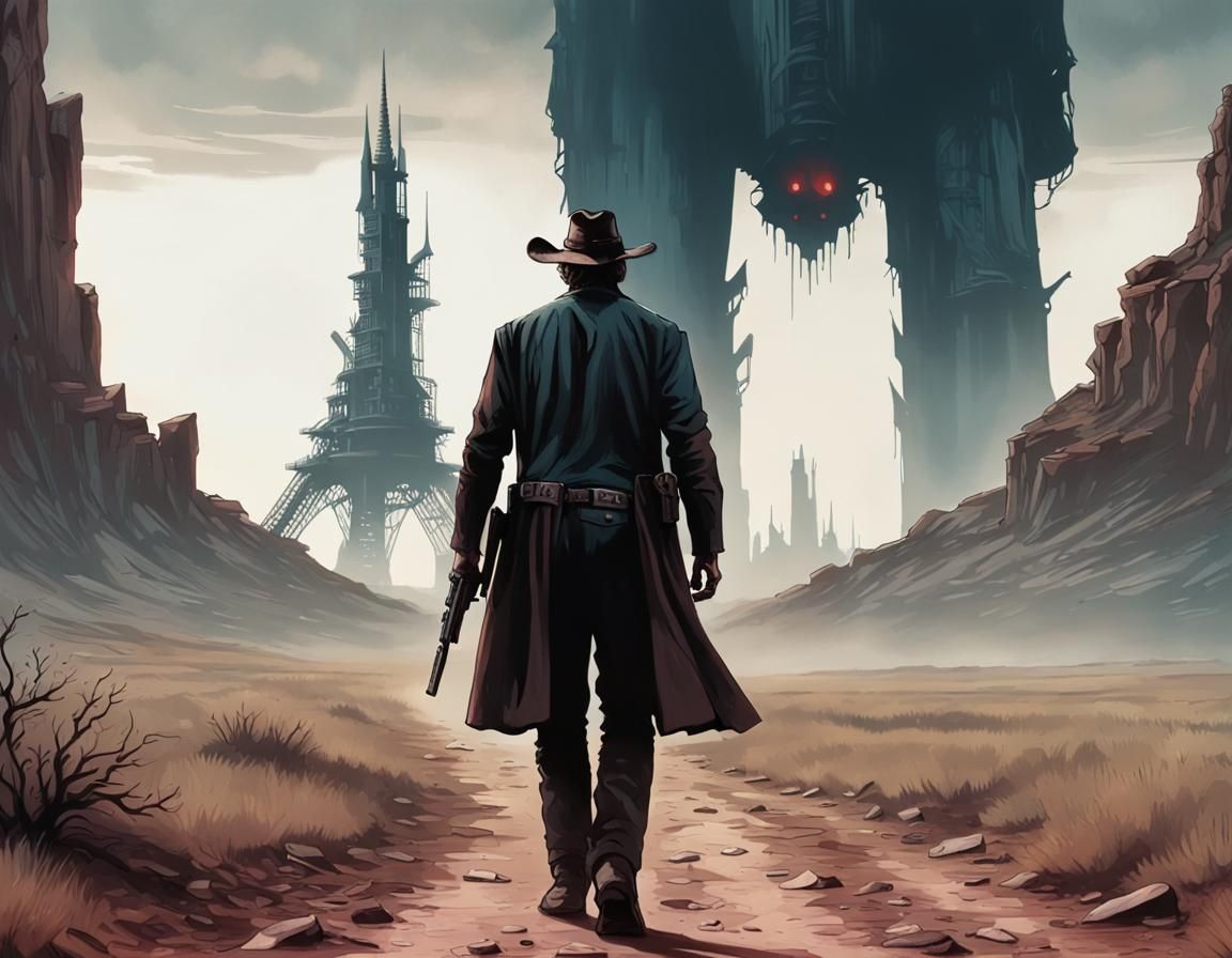 Gunslinger Walks to Dark Tower in Dystopian Landscape