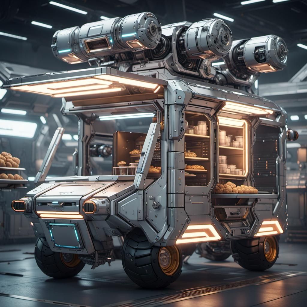 Futuristic Space Station Food Truck in Sci-Fi Style