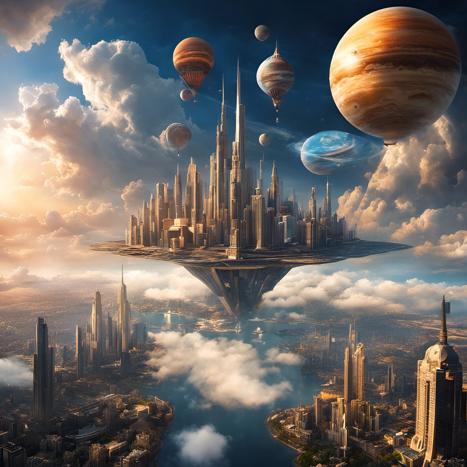 Ethereal Cityscape Floating Amidst Clouds and Planets