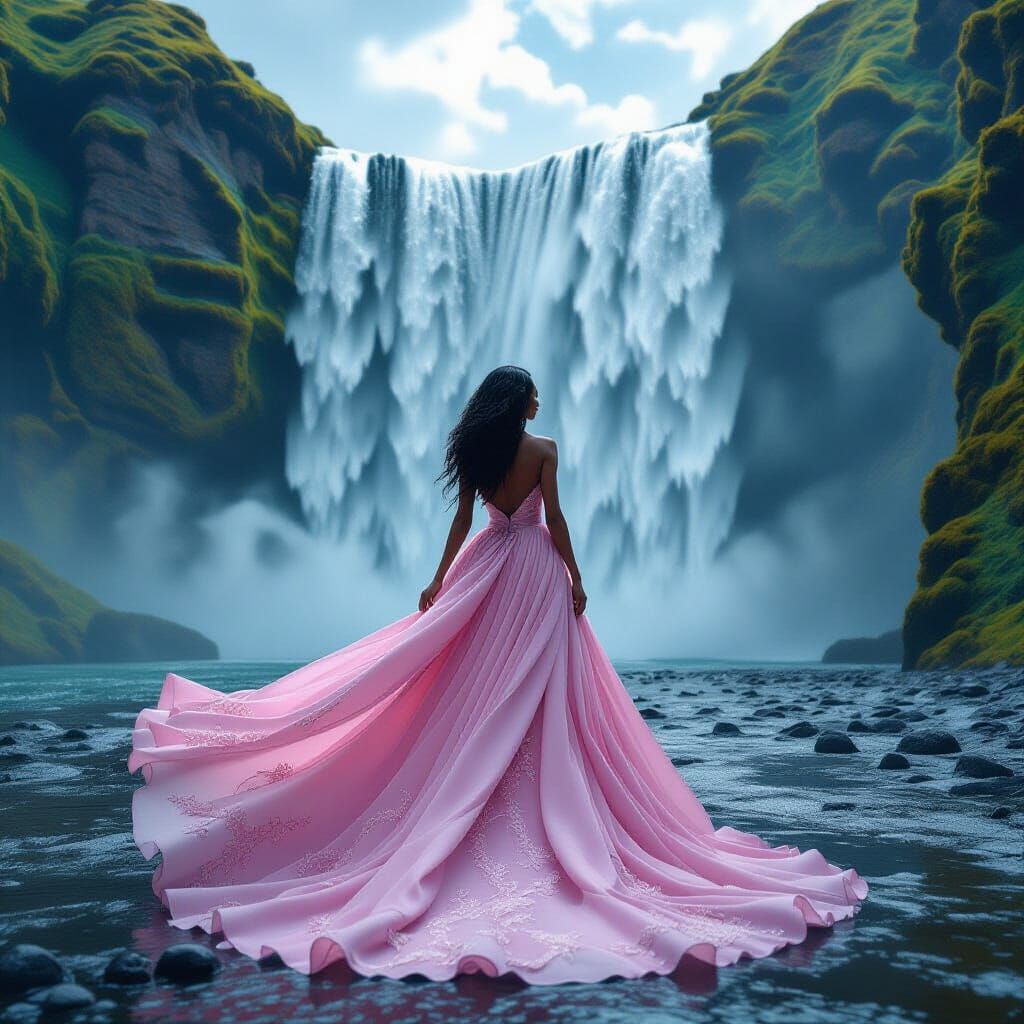 Woman in Pink Gown Under Waterfall