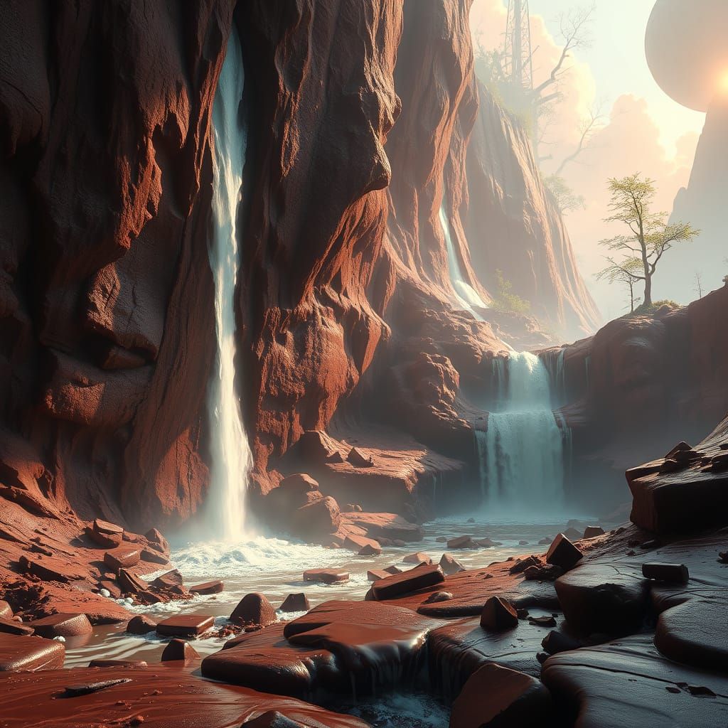 Chocolate Waterfalls in Dreamlike Landscape