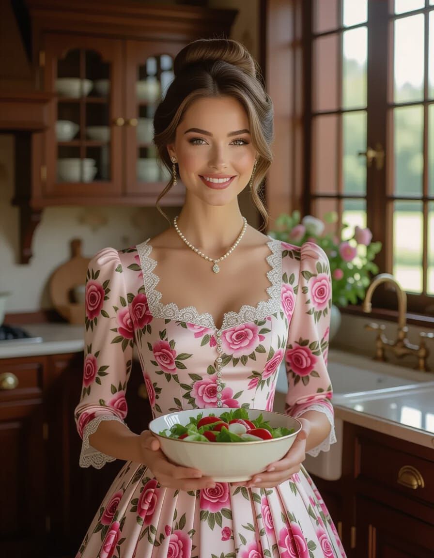 Elegant Woman in Victorian Kitchen Holding Salad Bowl