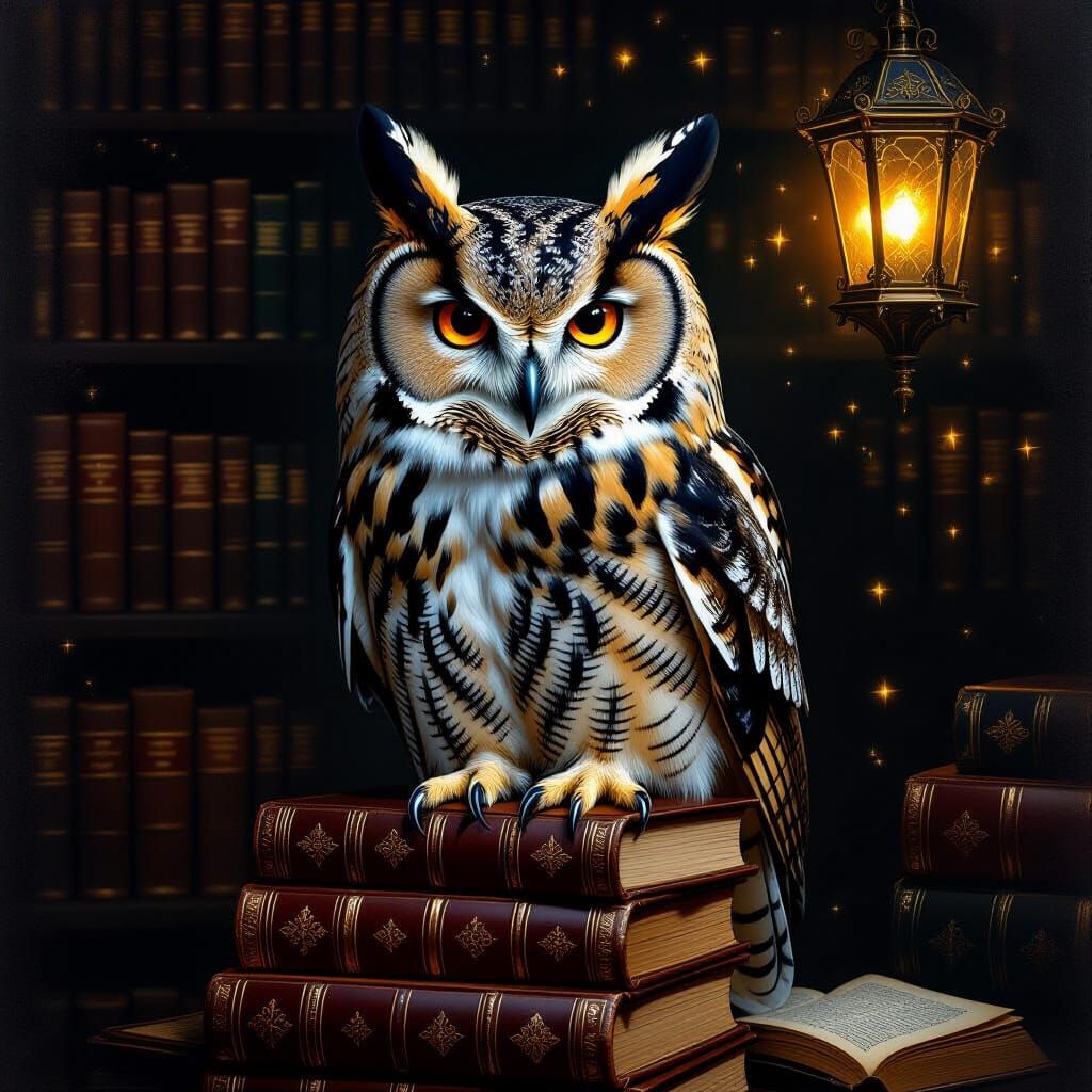 Majestic Owl in Gothic Library: Renaissance Oil Painting
