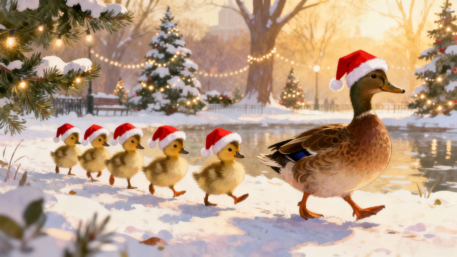Christmas Ducklings Follow Mama Duck in Boston Gardens