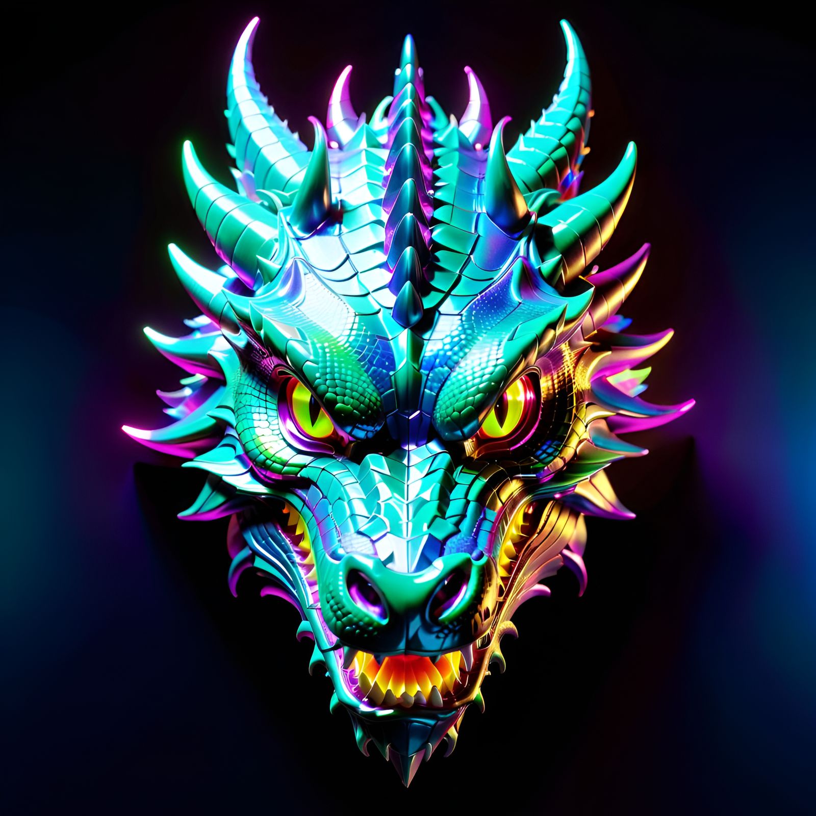 Neon Holographic Dragon Head in Bright Colors