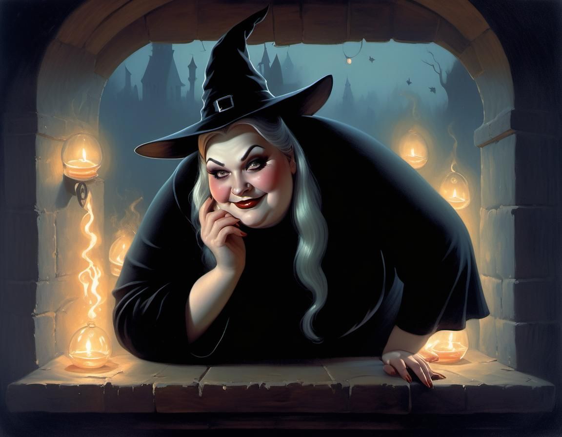 Friendly Witch with Piercing Eyes, Chiaroscuro Illustration