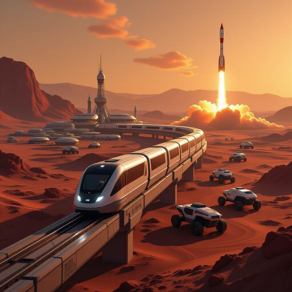 Monorail to Mars Settlement with Rocket Launch
