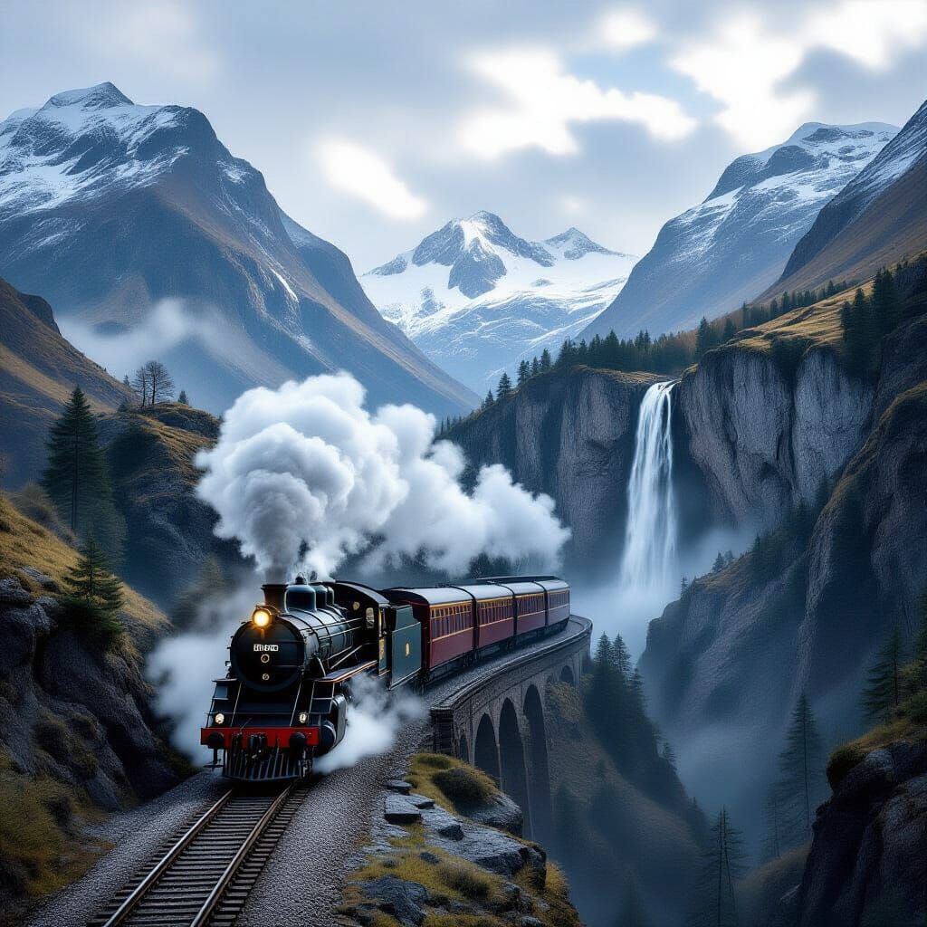 Vintage Steam Train on Cliffside Railway in Misty Mountains