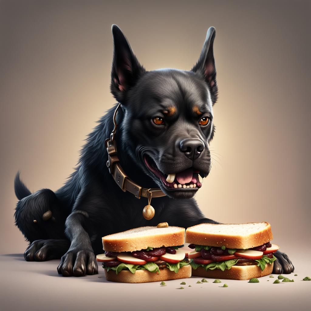 Fierce Black Dog Enjoying a Sandwich