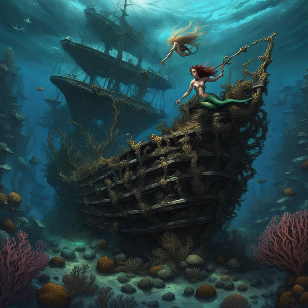 Mermaid and Sunken Pirate Ship in Deep Sea