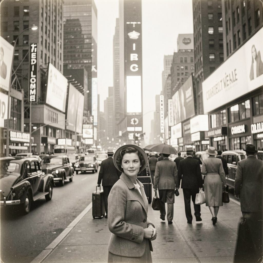 1940s Young Woman Exploring Times Square in Vintage Photo St...