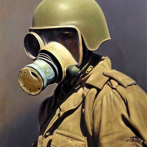 WWII Soldier in Gas Mask, Oil Painting