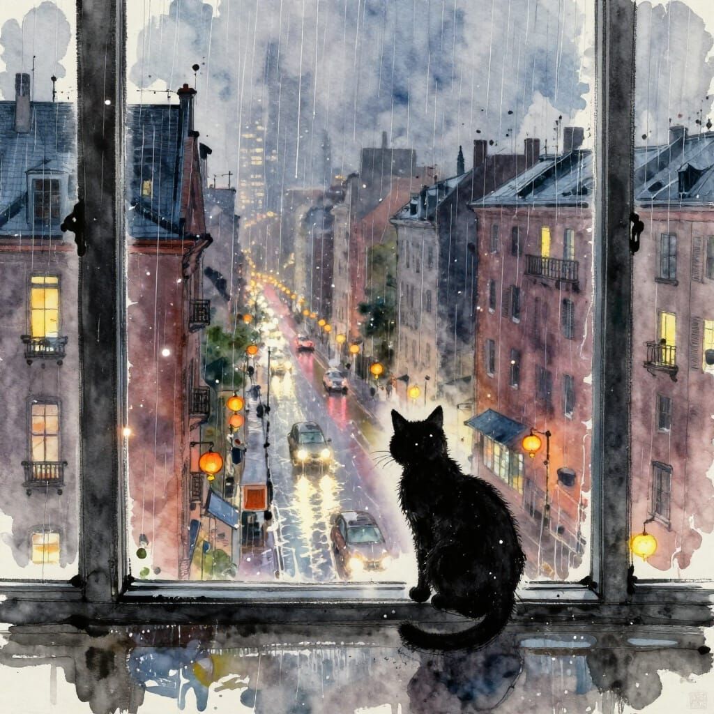 Rainy Cityscape Through Window with Cat Silhouette
