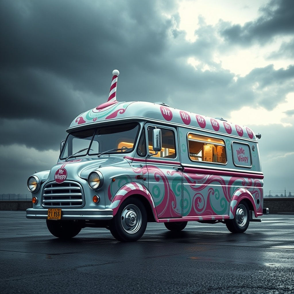 Hyperrealistic Mr. Whippy Van Against Stormy Sky