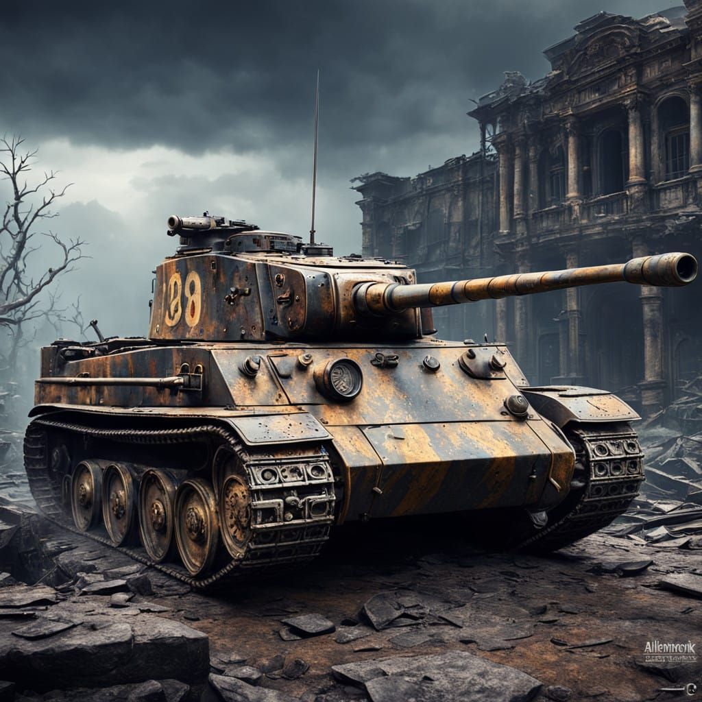Battle-Worn Tiger I Tank in Dark Fantasy WWII Scene