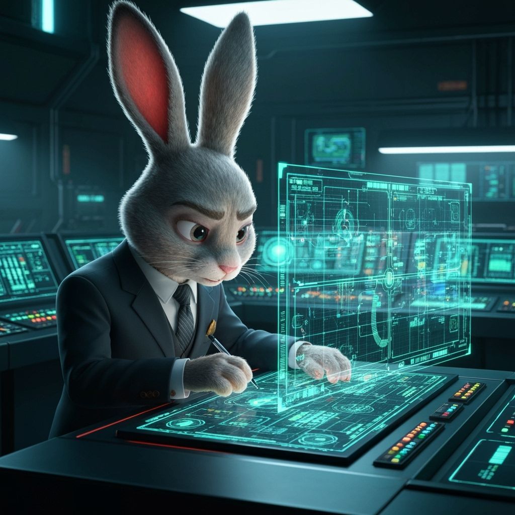 Anthropomorphic Bunny in Suit Studies Holographic Strategy B...