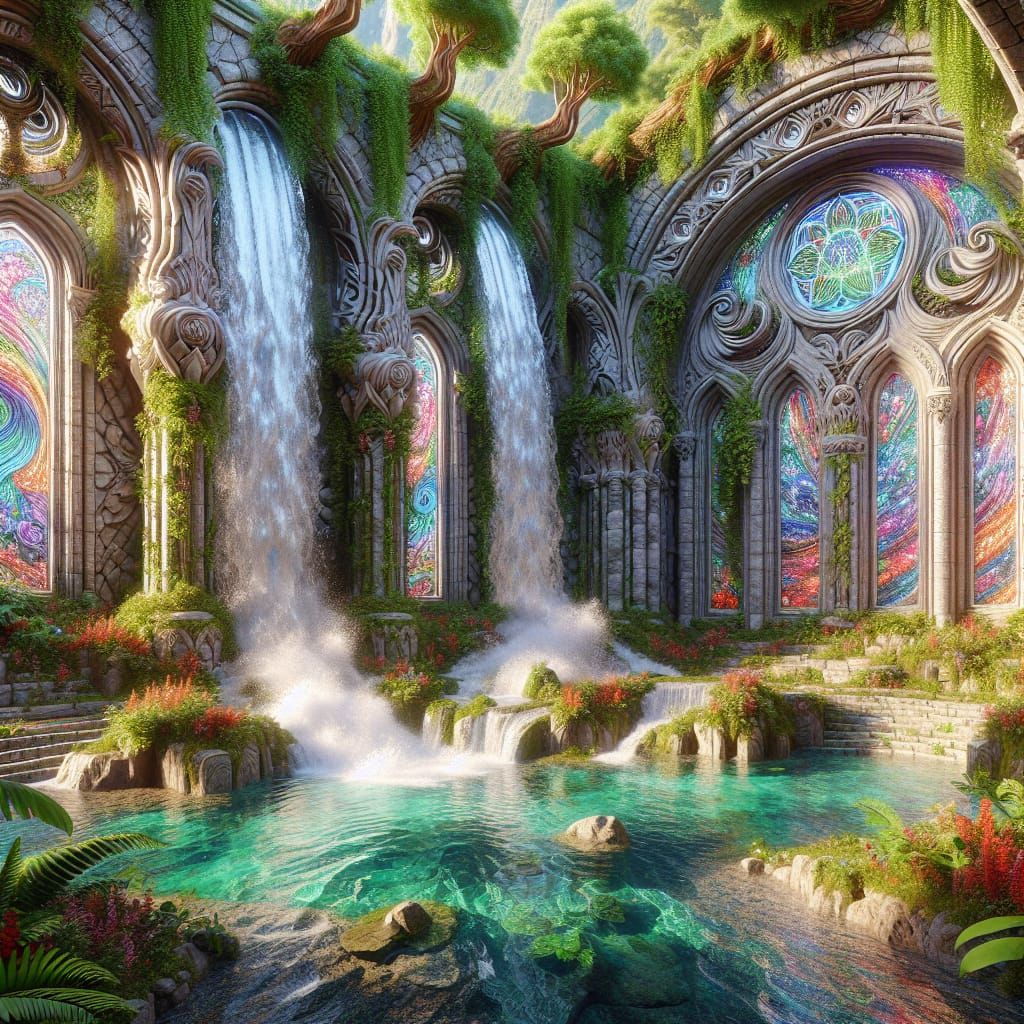 Fantastical Waterfall Landscape With Stained-Glass Arches