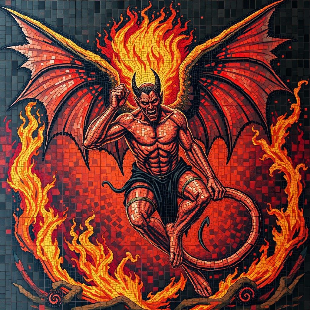 Majestic Lucifer Bound in Hell, Byzantine Mosaic Art