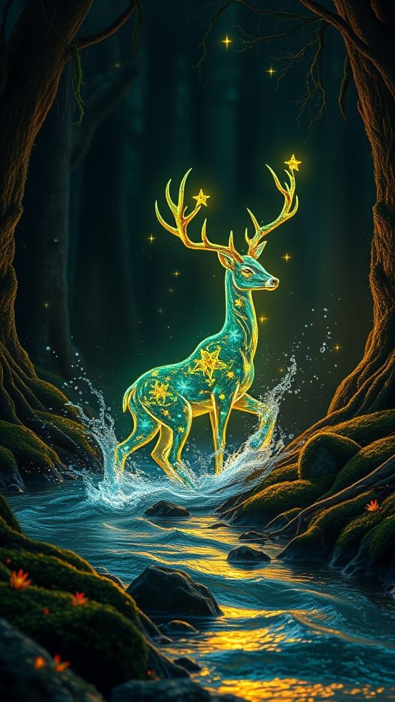 Bioluminescent Water Deer in Enchanted Forest