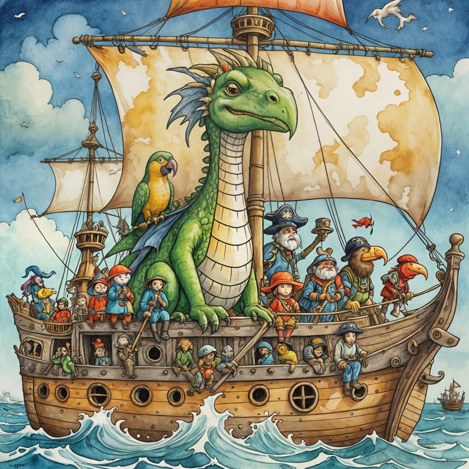 Dragon Pirate Captain and Animal Crew, Watercolor Illustrati...