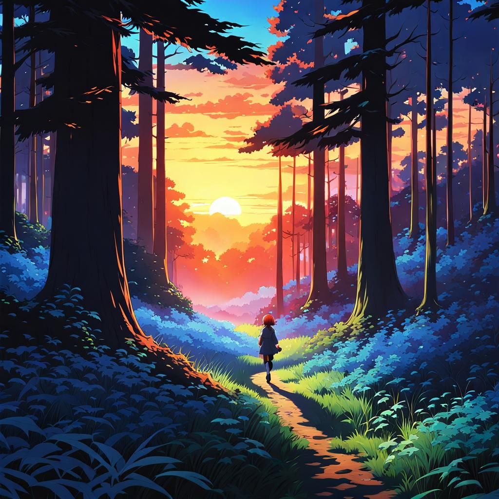 Anime Girl in Forest Sunset: Cel-Shaded Manga Art