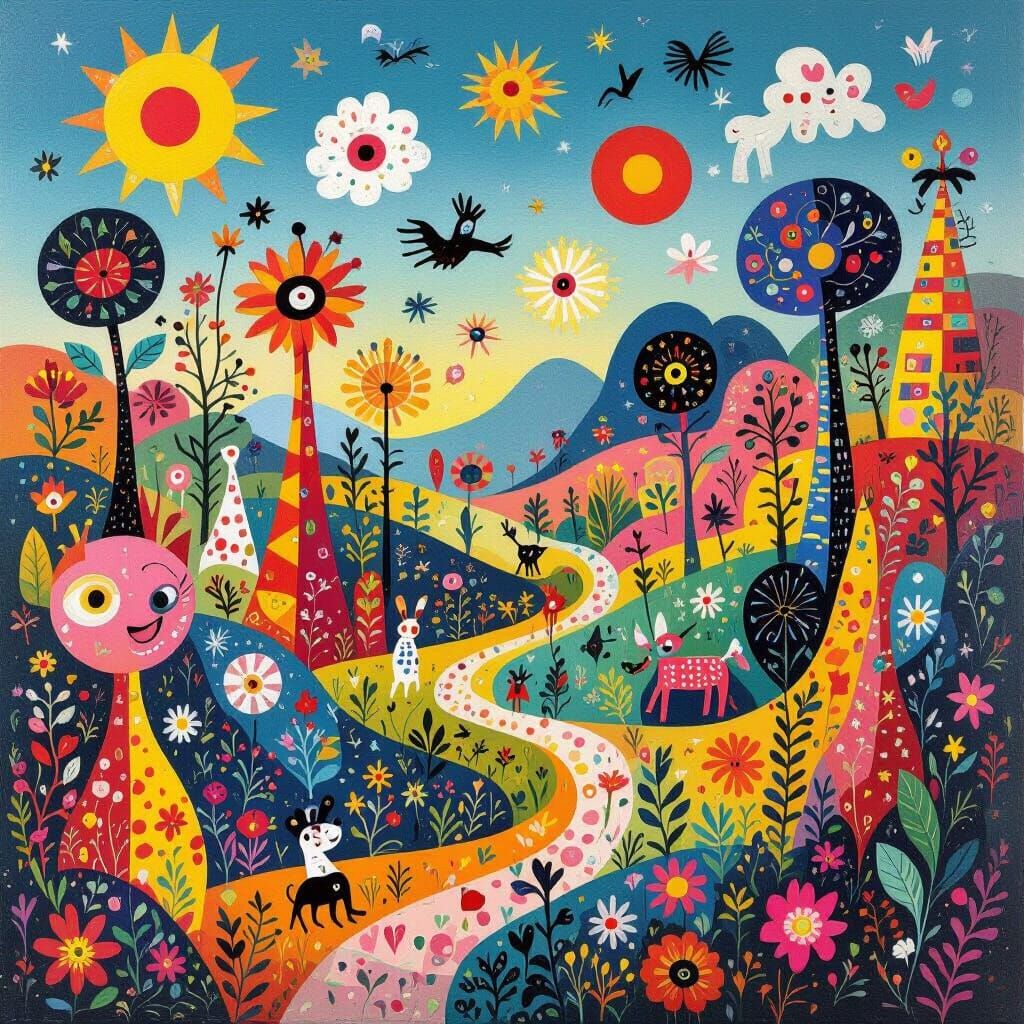Surreal Joyful Landscape in Joan Miró Style