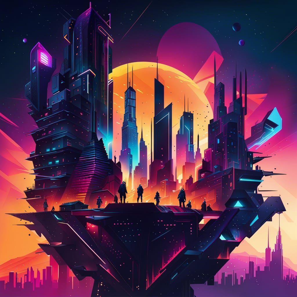 Cyberpunk Rooftop City in Abstract Vector Art