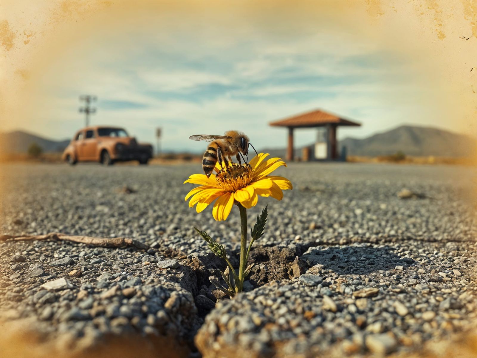 Bee in Desert Oasis, Golden Ratio, Moody, Grainy Texture
